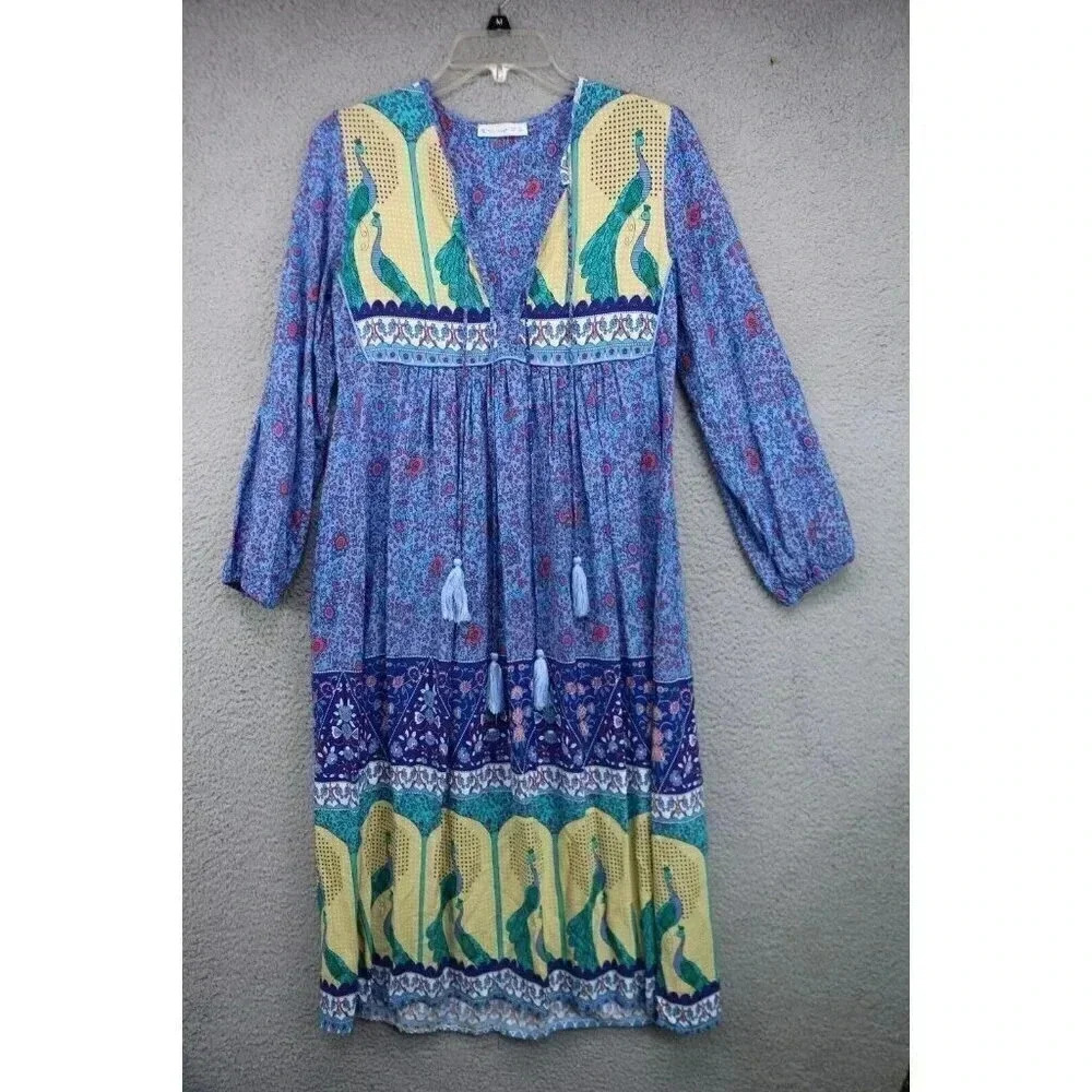 R. Vivimos Midi Blue Floral Peacock Dress-Size Small-Boho-Hippie